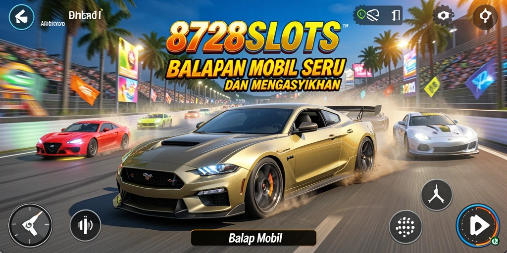 Antarmuka permainan 8728SLOTS dengan tampilan balapan mobil yang menarik.